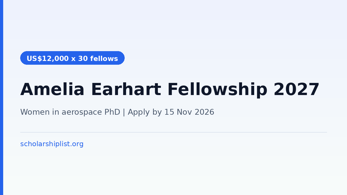 Amelia Earhart Fellowship 2027 - US$12,000 for women in aerospace engineering and space sciences PhD, apply by 15 November 2026