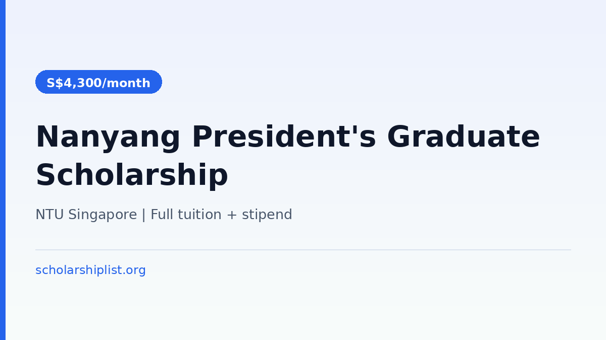 Nanyang President's Graduate Scholarship (NPGS) 2027 at NTU Singapore - S$4,300 monthly stipend for international PhD students
