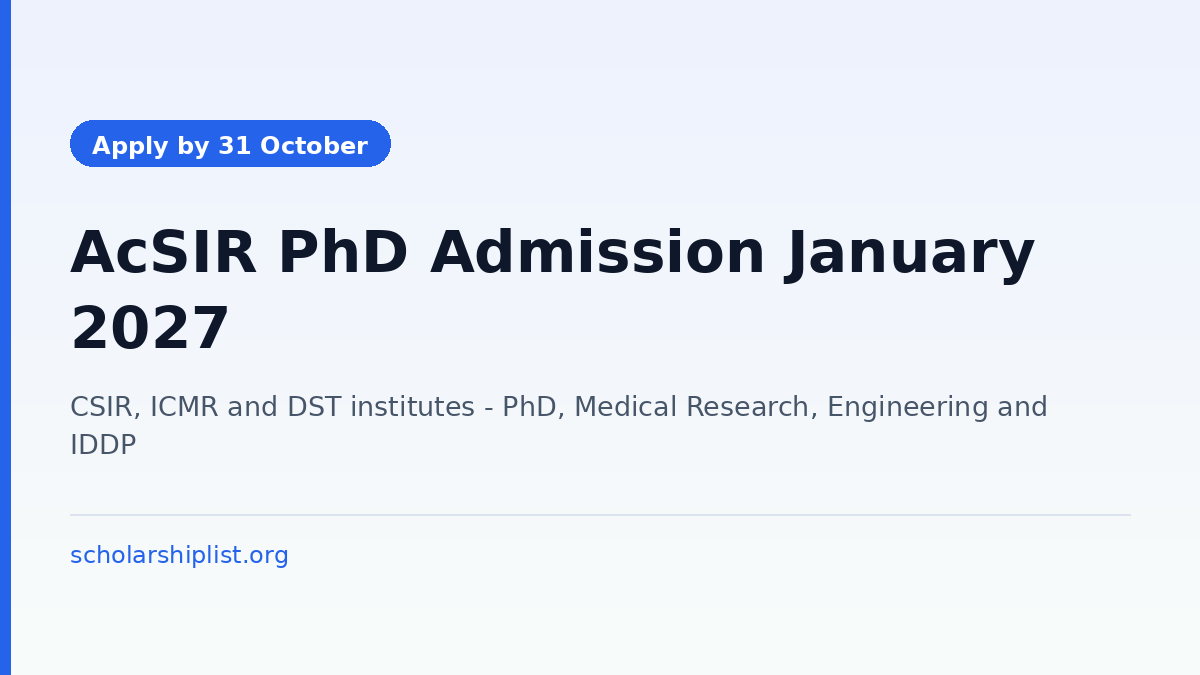 AcSIR PhD admission for the January 2027 session with a last date to apply of 31 October 2026
