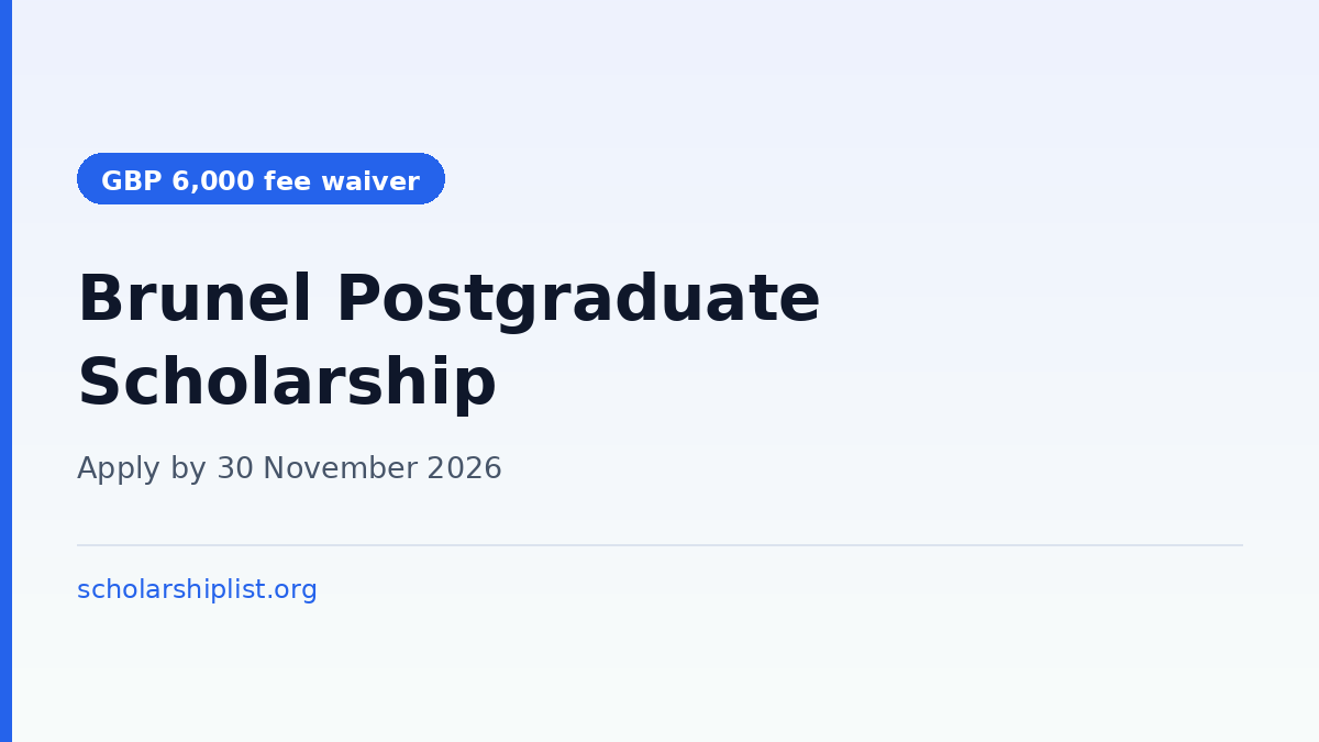 Brunel University London Vice-Chancellor’s Postgraduate International Excellence Award, GBP 6,000 fee waiver, apply by 30 November 2026 for January 2027