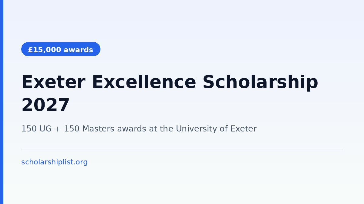 Exeter Excellence Scholarship 2027 - GBP 15,000 awards at the University of Exeter, Masters Round 1 closes 28 January 2027
