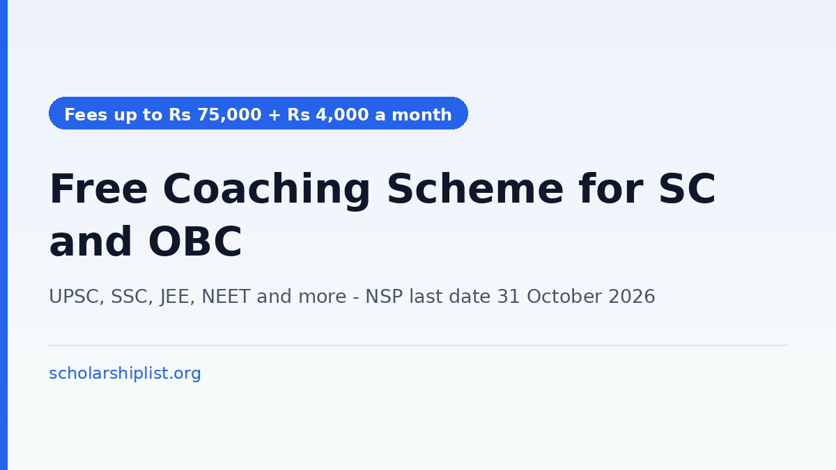 Free coaching scheme 2026-27 for SC and OBC students pays Rs 4,000 a month plus coaching fees up to Rs 75,000, last date 31 October 2026