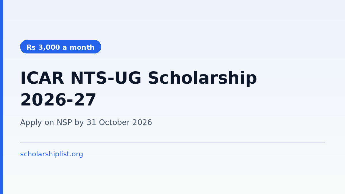 ICAR NTS-UG scholarship 2026-27 pays Rs 3,000 a month, NSP application last date 31 October 2026
