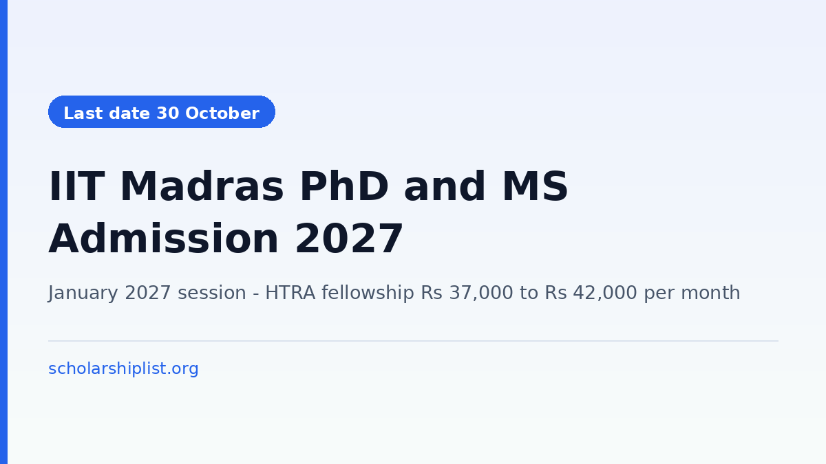 IIT Madras PhD and MS by Research admission January 2027, last date to apply 30 October 2026