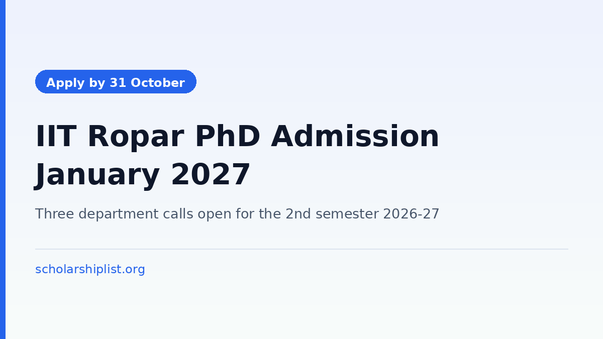IIT Ropar PhD admission January 2027, last date to apply 31 October 2026