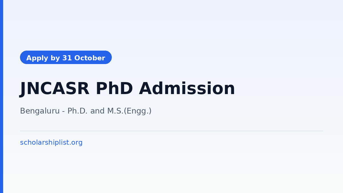 JNCASR mid-year PhD and MS (Engg.) admissions 2026-27, last date 31 October 2026