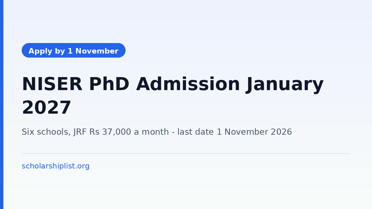 NISER Bhubaneswar PhD admission for the Winter Session 2026-27 with a last date to apply of 1 November 2026