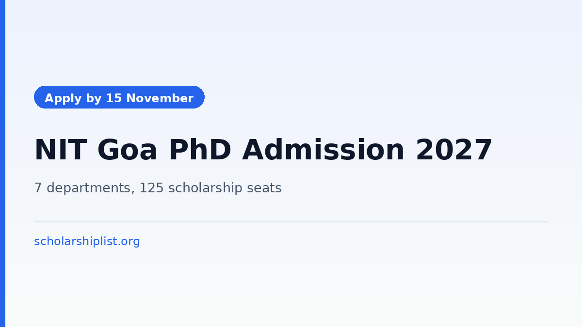 NIT Goa PhD admission January 2027, apply by 15 November 2026, application fee Rs 500 per department