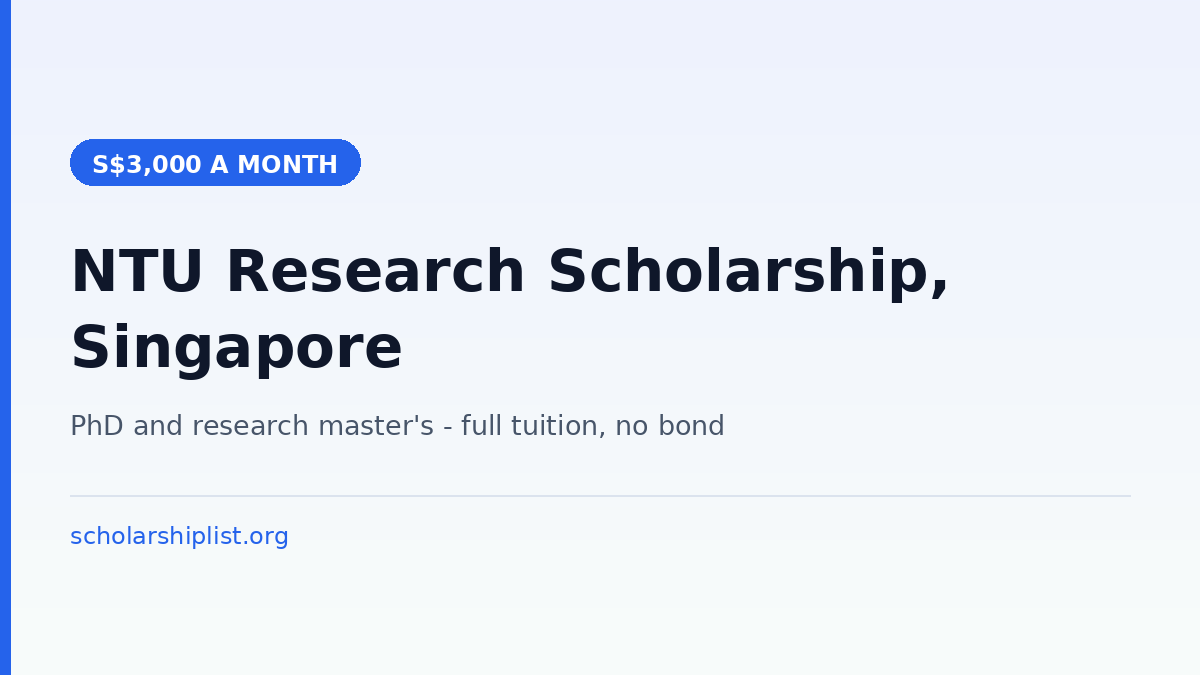 NTU Research Scholarship 2027 monthly stipend for international PhD and research master's students in Singapore