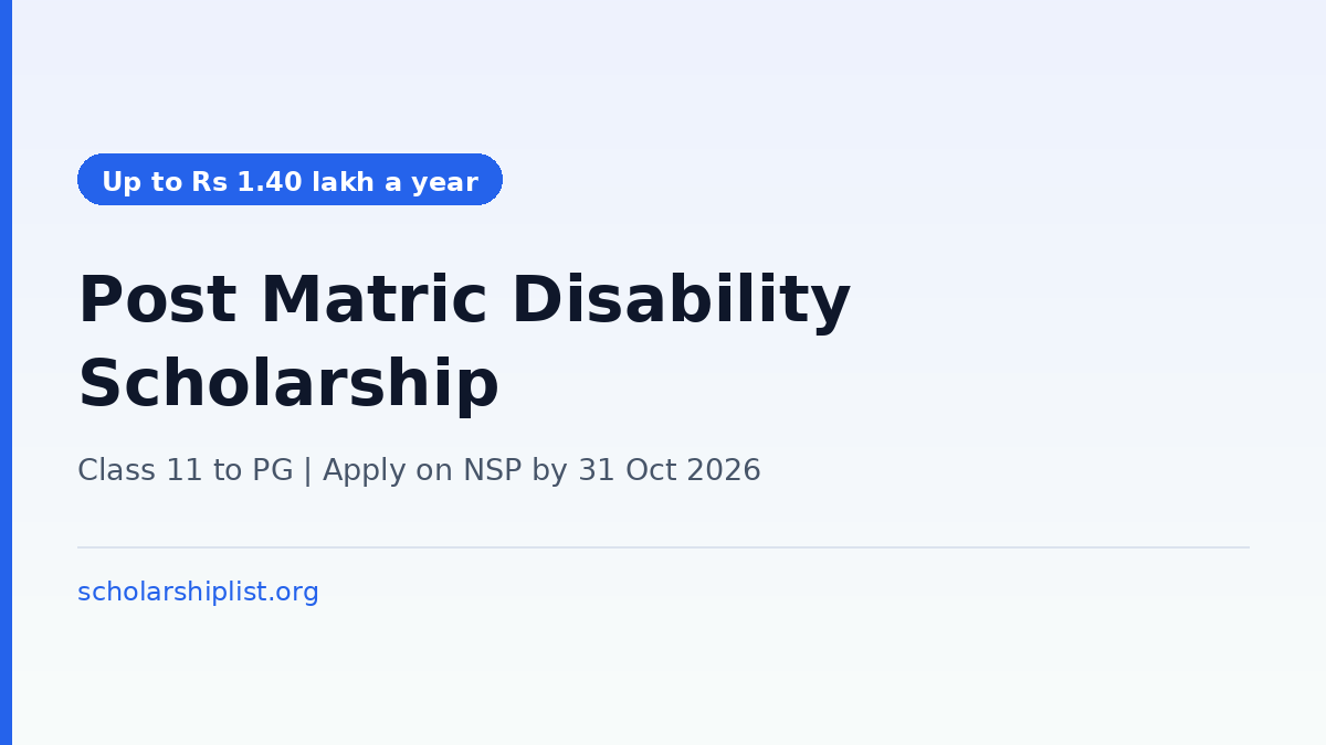 Post matric scholarship for students with disabilities 2026-27 - tuition fee up to Rs 1.40 lakh, maintenance, disability and book allowance, apply on NSP by 31 October 2026