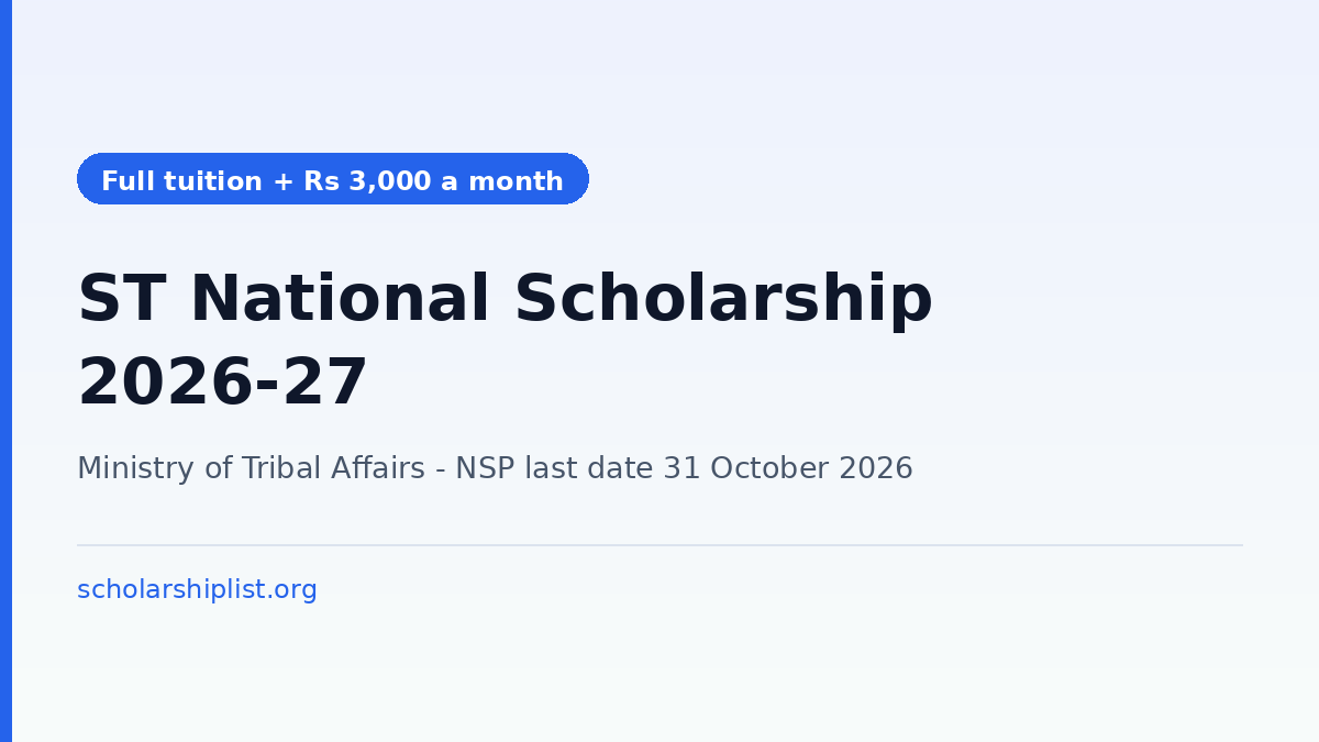 ST national scholarship 2026-27 pays full tuition, Rs 3,000 a month stipend and Rs 45,000 for a computer, last date 31 October 2026