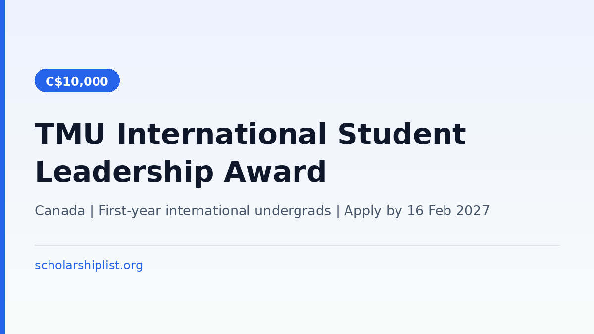 TMU International Student Leadership Award 2027 worth 10,000 Canadian dollars for first-year international students