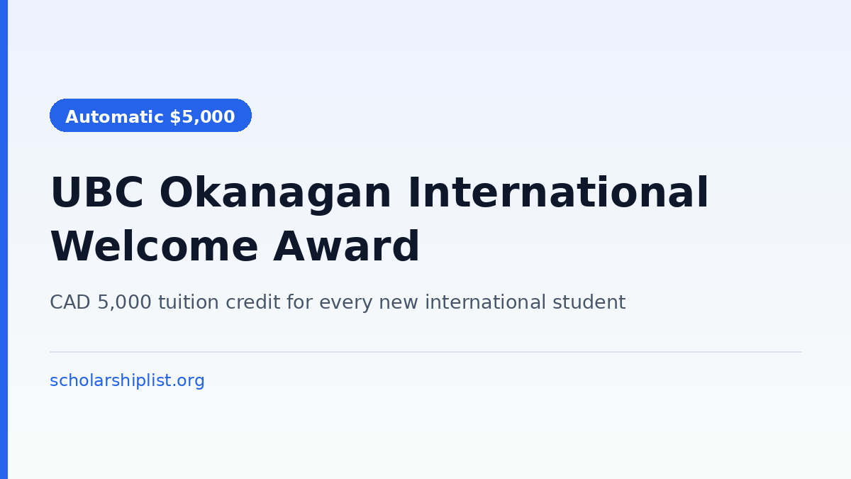 UBC Okanagan International Welcome Award 2027 - CAD 5,000 tuition credit for new international students, applied automatically