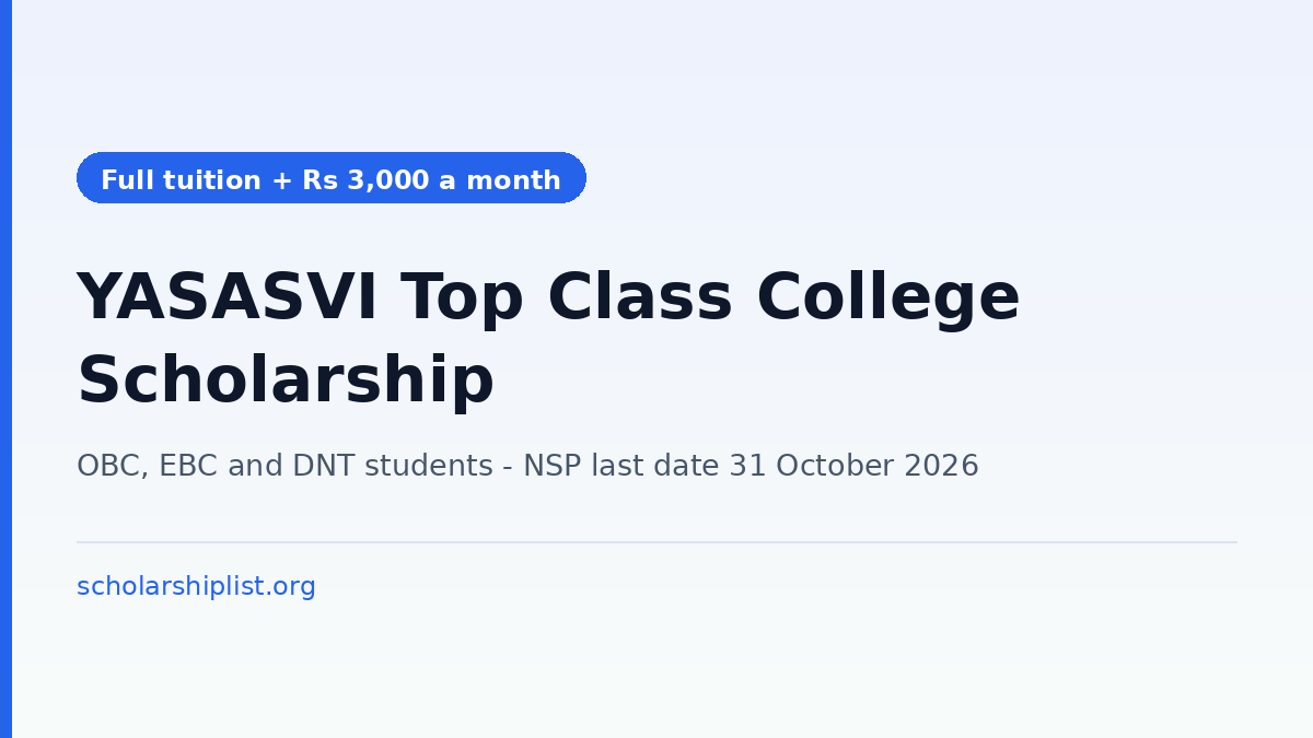 PM YASASVI Top Class Education in College scholarship 2026-27 for OBC EBC and DNT students, NSP last date 31 October 2026